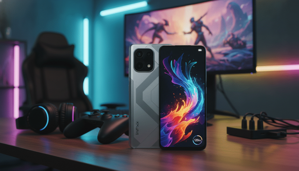 A sleek and modern Infinix GT 10 Pro smartphone showcasing its vibrant AMOLED display with a 120Hz refresh rate, featuring vibrant colors and sharp contrast. The phone is positioned prominently in the foreground on a stylish wooden desk, next to game controller accessories, emphasizing its gaming capabilities. Behind it, a cozy gaming setup is visible, complete with RGB lighting and a large monitor displaying a visually stunning game scene, creating an immersive gaming atmosphere. The soft, focused lighting reflects off the phone's screen, highlighting its design details. The background is slightly blurred to keep the attention on the phone, evoking an energetic and inviting mood perfect for gamers.