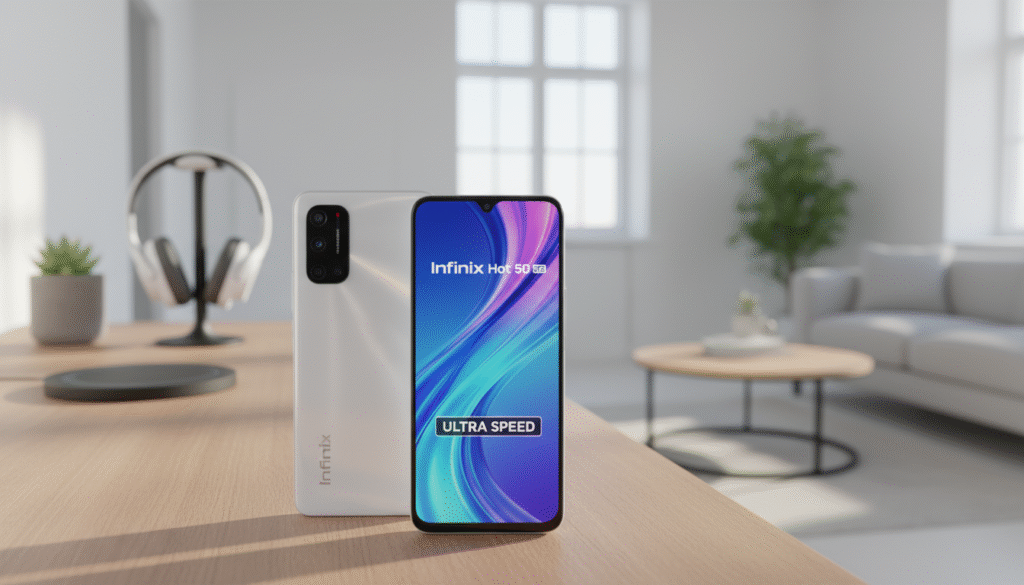 A sleek and modern Infinix Hot 50 5G smartphone displayed prominently in the foreground, showcasing its glossy white exterior and vibrant screen. The device is positioned slightly angled to catch the glint of soft, natural lighting, giving emphasis to its design. In the middle ground, a subtle blurred effect introduces a stylish workspace with a stylish desk, complete with tech accessories like a wireless charger and headphones, hinting at a tech-savvy environment. In the background, a light, airy room with minimalist decor complements the scene, enhancing the futuristic feel of the smartphone. The overall mood is fresh and innovative, evoking excitement about the device’s features and availability. A sleek and modern Infinix Hot 50 5G smartphone displayed prominently in the foreground, showcasing its glossy white exterior and vibrant screen. The device is positioned slightly angled to catch the glint of soft, natural lighting, giving emphasis to its design. In the middle ground, a subtle blurred effect introduces a stylish workspace with a stylish desk, complete with tech accessories like a wireless charger and headphones, hinting at a tech-savvy environment. In the background, a light, airy room with minimalist decor complements the scene, enhancing the futuristic feel of the smartphone. The overall mood is fresh and innovative, evoking excitement about the device’s features and availability.