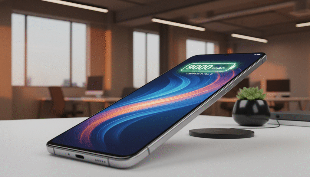 A sleek and modern OnePlus Turbo 6 smartphone prominently displayed in the foreground, showcasing its vibrant 165Hz screen under a soft, diffused lighting that highlights the device's premium finish and large battery icon symbolizing its 9,000 mAh capacity. In the middle ground, a stylish desk with minimalistic elements complements the tech vibe, while the background features a blurred contemporary office environment with warm tones, suggesting a professional atmosphere. The angle is slightly tilted to emphasize the smartphone's design features, creating an inviting and eye-catching image that conveys the essence of advanced technology and innovation, ideal for discerning consumers.