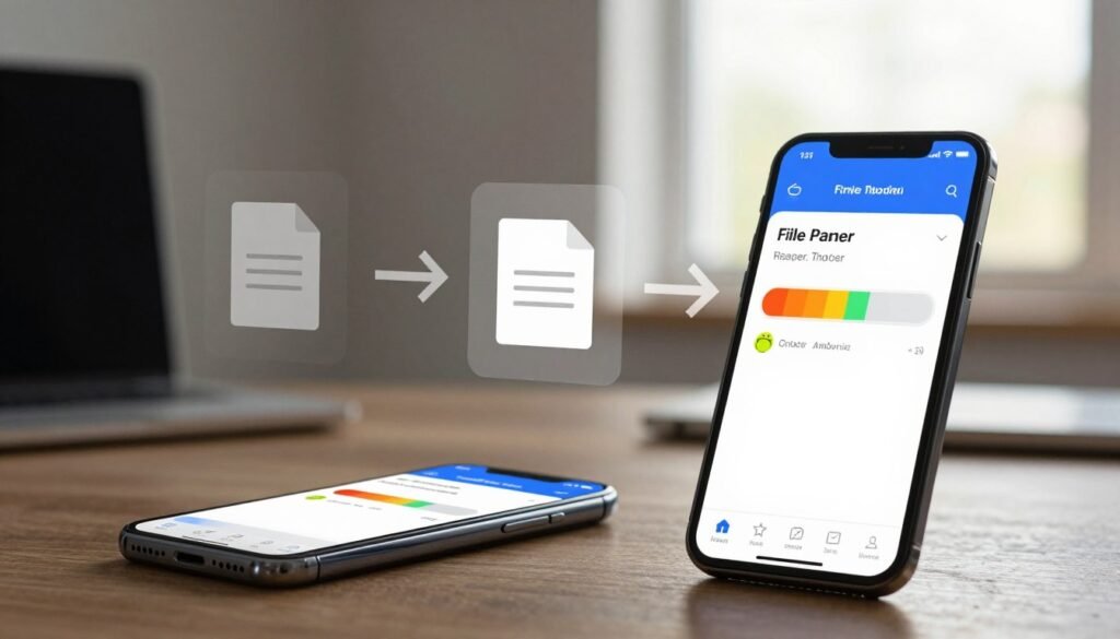 A sleek and modern digital interface showcasing a file transfer application designed for both Android and iPhone devices. In the foreground, two smartphones display the application, with a vibrant progress bar indicating an ongoing file transfer. The middle ground features graphic elements such as arrows and files symbolizing seamless data transfer between the two devices. The background is a softly blurred workspace, illuminated by warm, natural light filtering through a window. The mood is professional yet approachable, emphasizing the convenience of transferring files across different platforms. The image should be crisp and clear, with a focus on technology and connectivity, using a slightly angled perspective to enhance depth.