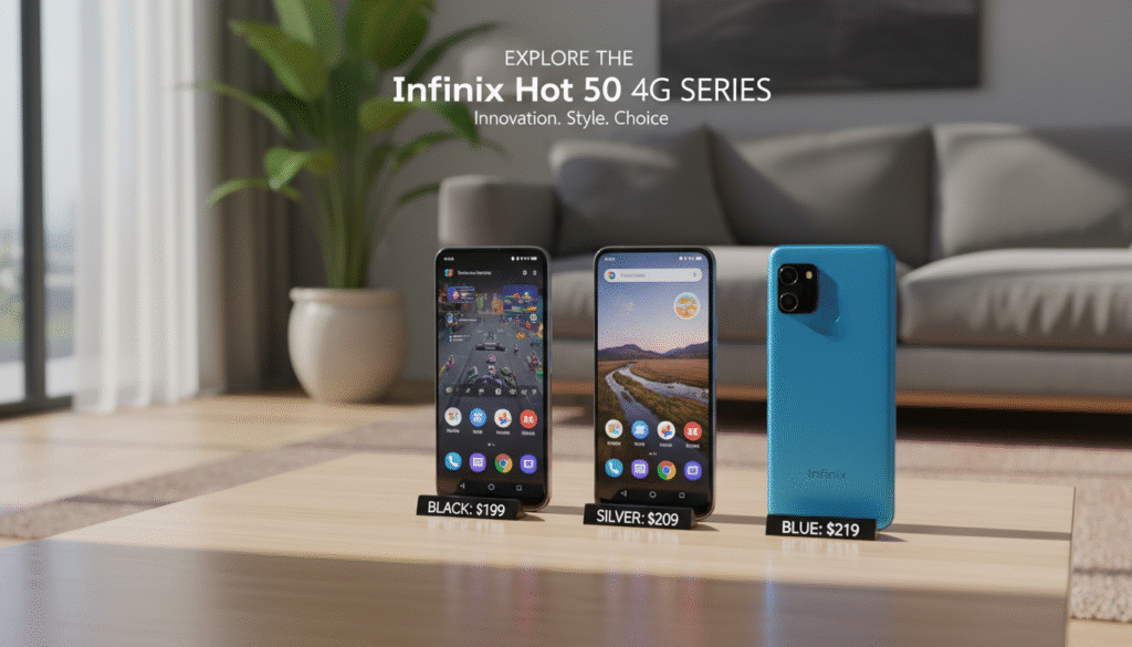 A sleek and modern display of the Infinix Hot 50 4G smartphone models, arranged on a stylish wooden table. In the foreground, three distinct models of the device in various colors—black, silver, and a vibrant blue—showcased with their screens displaying different interfaces, highlighting key features. In the middle ground, a soft-focus background reveals an elegant living room setup, with a cozy couch and potted plants, indicating a lifestyle context. Warm, natural lighting filters through a nearby window, casting gentle shadows and adding depth. The image conveys a sense of sophistication and innovation, inviting viewers to explore the variations and pricing of the Infinix Hot 50 4G.