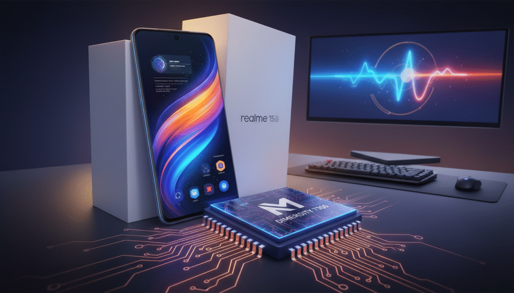 A sleek and modern illustration of the MediaTek Dimensity 7300 chip showcased prominently in the foreground, with intricate details of its design, including the circuit patterns and logo. The middle ground features a high-tech smartphone, the realme 15 5G, partially unboxed, displaying its vibrant screen lit up. In the background, a minimalistic, stylish workspace suggests a tech-savvy atmosphere, with soft ambient lighting casting a warm glow over the scene. The angle is slightly elevated to capture both the chip and the smartphone effectively, imparting a sense of innovation and performance. The overall mood is dynamic and contemporary, reflecting the capabilities of the Dimensity 7300 for daily tasks and gaming. A sleek and modern illustration of the MediaTek Dimensity 7300 chip showcased prominently in the foreground, with intricate details of its design, including the circuit patterns and logo. The middle ground features a high-tech smartphone, the realme 15 5G, partially unboxed, displaying its vibrant screen lit up. In the background, a minimalistic, stylish workspace suggests a tech-savvy atmosphere, with soft ambient lighting casting a warm glow over the scene. The angle is slightly elevated to capture both the chip and the smartphone effectively, imparting a sense of innovation and performance. The overall mood is dynamic and contemporary, reflecting the capabilities of the Dimensity 7300 for daily tasks and gaming.