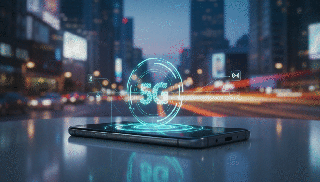 A sleek and modern smartphone design showcasing the connectivity features of the OnePlus Turbo 6. In the foreground, focus on the phone itself, with an animated depiction of 5G and Wi-Fi connectivity symbols radiating from the device. In the middle ground, include subtle icons representing Bluetooth and NFC, set against a backdrop of vibrant city lights to imply advanced urban connectivity. The background should feature a soft-focus city skyline at twilight, bathed in a cool blue and purple hue to evoke innovation and tech. Use dramatic lighting to highlight the phone's sleek lines and metallic finish, shot from a slightly elevated angle to convey a sense of dynamism and sophistication. The overall mood should be modern and aspirational, embodying a cutting-edge technological vibe. A sleek and modern smartphone design showcasing the connectivity features of the OnePlus Turbo 6. In the foreground, focus on the phone itself, with an animated depiction of 5G and Wi-Fi connectivity symbols radiating from the device. In the middle ground, include subtle icons representing Bluetooth and NFC, set against a backdrop of vibrant city lights to imply advanced urban connectivity. The background should feature a soft-focus city skyline at twilight, bathed in a cool blue and purple hue to evoke innovation and tech. Use dramatic lighting to highlight the phone's sleek lines and metallic finish, shot from a slightly elevated angle to convey a sense of dynamism and sophistication. The overall mood should be modern and aspirational, embodying a cutting-edge technological vibe.