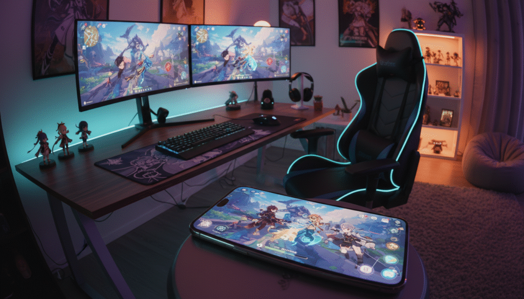 A sleek and modern smartphone featuring a vibrant AMOLED display, size 6.78 inches, positioned prominently in the foreground, showcasing a dynamic scene from Genshin Impact, with colorful characters and landscapes. The phone should have a stylish design with minimal bezels, reflecting the latest gaming technology. In the middle ground, depict an engaging gaming setup, including a comfortable gaming chair and a stylish desk adorned with gaming accessories. The background presents a cozy room illuminated by soft ambient lighting, enhancing the gaming atmosphere. Use a slight wide-angle lens effect to create depth, ensuring the focus remains on the phone while capturing the immersive gaming environment. The overall mood is exciting and inviting, perfect for gaming enthusiasts.