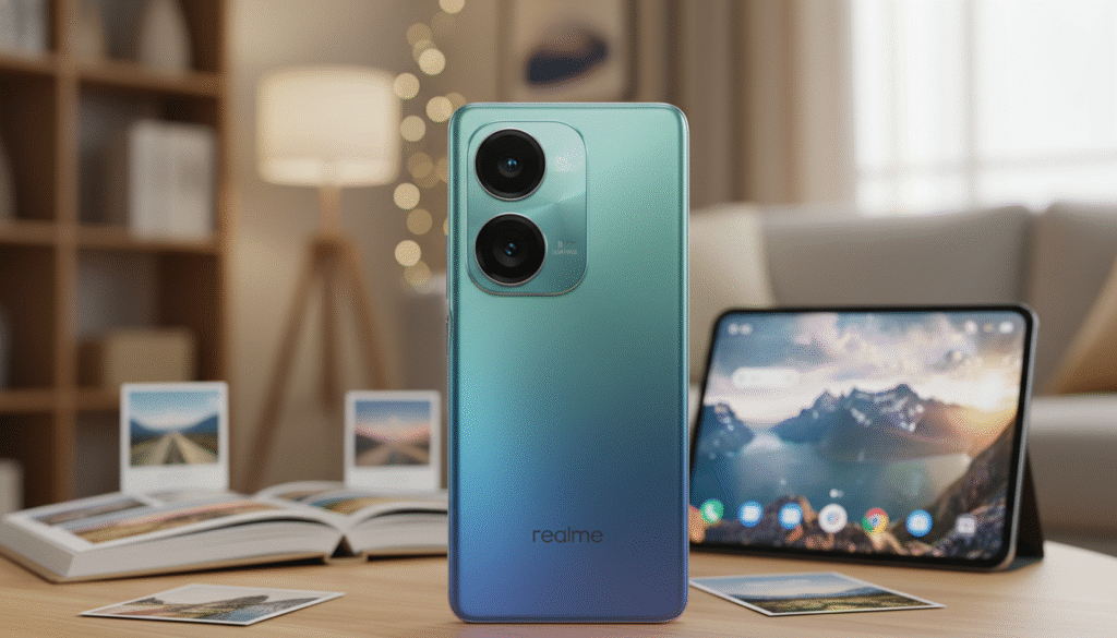 A sleek and modern smartphone, the realme 15 5G, prominently displayed in the foreground, showcasing its unique dual-camera setup featuring a 50 MP primary lens and an 8 MP ultrawide lens. Include vivid smartphone colors that emphasize its stylish design, reflecting light to create an appealing shine. In the middle ground, elegantly blurred, suggestive objects like a small photo album or a scenic landscape hint at the photography capabilities. In the background, use soft bokeh effects to depict a warm, cozy indoor environment with soft, diffused natural lighting to highlight the smartphone's features. The atmosphere should be inviting and tech-savvy, emphasizing clarity and vibrant colors that would be captured with the camera. A sleek and modern smartphone, the realme 15 5G, prominently displayed in the foreground, showcasing its unique dual-camera setup featuring a 50 MP primary lens and an 8 MP ultrawide lens. Include vivid smartphone colors that emphasize its stylish design, reflecting light to create an appealing shine. In the middle ground, elegantly blurred, suggestive objects like a small photo album or a scenic landscape hint at the photography capabilities. In the background, use soft bokeh effects to depict a warm, cozy indoor environment with soft, diffused natural lighting to highlight the smartphone's features. The atmosphere should be inviting and tech-savvy, emphasizing clarity and vibrant colors that would be captured with the camera.