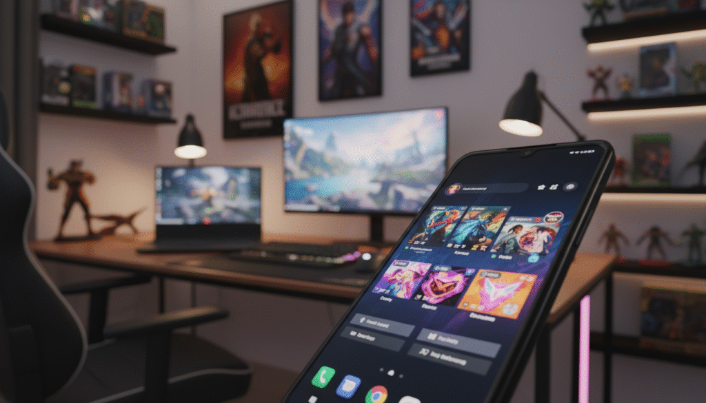 A sleek and modern smartphone with an AMOLED display, prominently showcased in the foreground, illuminated by soft ambient lighting to highlight the vibrant colors of the screen. The phone's design features sharp edges and a glossy finish, reflecting a tech-savvy aesthetic. In the middle ground, a blurred workspace with a gaming setup, including a gaming laptop and accessories, to provide context. The background should be a softly lit room, suggesting a cozy gaming atmosphere with shelves of gaming memorabilia and posters. The angle is slightly above eye level, creating a captivating perspective. The overall mood is energetic and inviting, ideal for gaming enthusiasts looking for budget-friendly options, ensuring a clear focus on the featured smartphone.