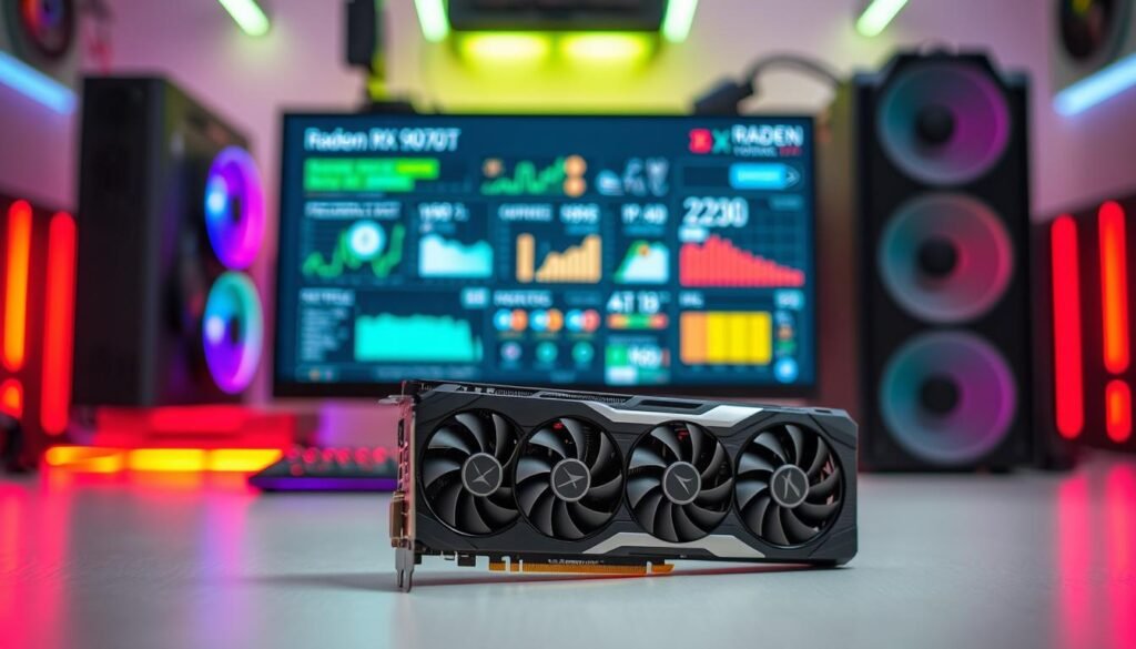 A sleek and powerful Radeon RX 9070 XT graphics card prominently displayed in the foreground, showcasing its modern design with intricate cooling fans and a striking metallic finish. The card is tilted at an angle to highlight its connectors and distinctive features. In the middle ground, a high-resolution digital monitor is displaying performance metrics and benchmark scores, illustrating the card's capabilities in a dynamic gaming environment. The background is a blurred computer workstation setup with RGB lighting, creating a high-tech atmosphere. Soft, focused lighting enhances the card's details, while a slight bokeh effect ensures the emphasis remains on the RX 9070 XT. The entire scene conveys a mood of excitement and anticipation in the realm of advanced gaming technology.