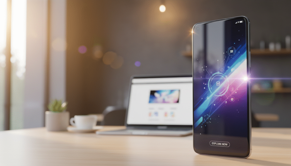 A sleek and stylish Honor Power 2 smartphone stands prominently in the foreground, showcasing its iPhone-like design with smooth curves and a glass back. The device is angled slightly to reveal its vibrant display, glowing with the interface visible, suggesting advanced capabilities. In the middle ground, a blurred modern workspace features minimalistic elements like a wooden desk and a soft-focus laptop, enhancing the gadget's tech-savvy appeal. The background is softly lit with ambient lighting, creating a warm and inviting atmosphere reminiscent of a cozy coffee shop. Natural daylight streams in from a nearby window, adding a touch of elegance and making the smartphone catch the light beautifully. The overall mood is energetic and contemporary, inviting viewers to explore the Honor Power 2 now.