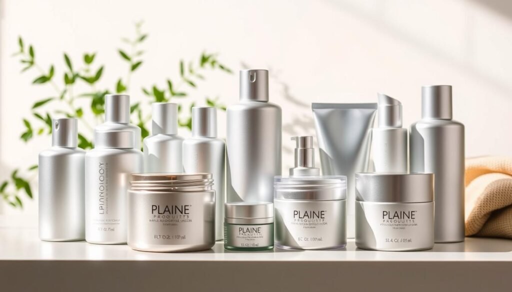 A sleek display of Plaine Products refillable aluminum skincare packaging, showcasing a variety of elegant bottles and jars in various sizes. In the foreground, the silver and matte finish of the aluminum containers reflects soft, natural light, emphasizing their modern design. The middle ground features a few containers with their lids partially opened, inviting curiosity about the luxurious contents. In the background, a clean, minimalist setting with soft-focus greenery and textured fabrics adds an organic touch, symbolizing sustainability. The lighting is warm and inviting, creating a serene atmosphere. The angle captures the products from a slightly elevated perspective, ensuring all details of the packaging and branding are visible, inviting viewers to appreciate the luxurious yet eco-conscious appeal of these refillable skincare items.
