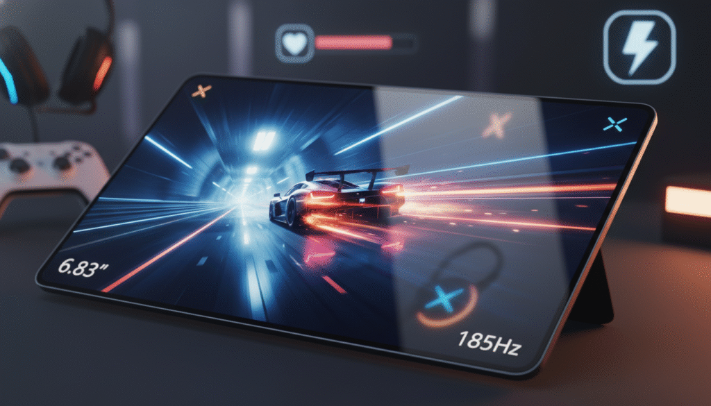 A sleek, futuristic OLED display featuring a 6.83-inch screen, showcasing vibrant colors and impressive clarity. The screen is framed by ultra-thin bezels, creating a modern look that attracts attention. Displaying high-refresh-rate visuals at 185Hz, the image conveys a sense of smooth motion, ideal for gamers. In the foreground, subtle reflections can be seen on the glass surface, indicating a high level of brightness and contrast. The background is softly blurred, highlighting the display without distractions, and hints of gaming elements seep through, like faint outlines of controllers or gaming icons. The lighting is dynamic, emphasizing the screen's vivid colors, creating an energetic yet professional atmosphere that resonates with cutting-edge technology.