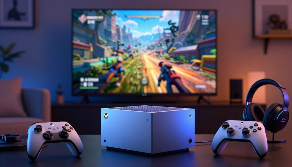 A sleek gaming console, the Xbox Series S, prominently displayed in the foreground, glowing with a soft, blue light that highlights its contours and design. Surrounding it are vibrant gaming accessories, including a wireless controller and high-quality headphones, evoking an immersive multimedia experience. In the middle ground, a large, ultra-high-definition television showcases a stunning 4K gaming scene featuring vivid landscapes and dynamic ray tracing effects, creating an engaging atmosphere. The background features a modern living room setting with a cozy couch and ambient lighting, adding to the relaxing yet exciting vibe. The scene is captured with a shallow depth of field and dramatic lighting, emphasizing the console as the centerpiece of this gaming experience.