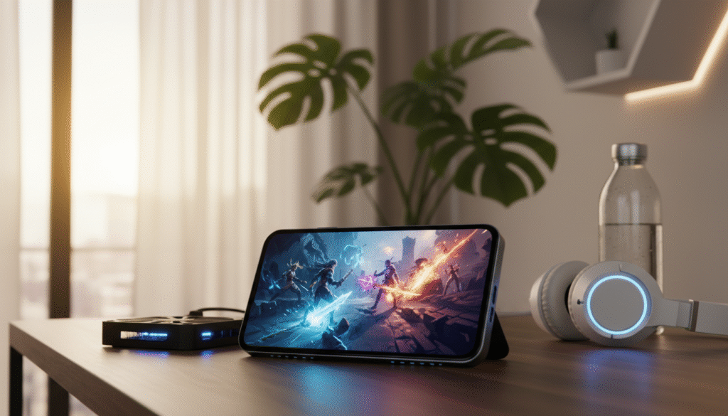 A sleek gaming smartphone on a stylish desk, with a soft, cool blue glow emanating from the screen. In the foreground, the phone is angled slightly towards the viewer, showcasing an intense gaming scene, with dynamic characters and action. Surrounding the smartphone are essential gaming accessories, such as a compact cooling pad, a wireless gaming headset, and a bottle of water, symbolizing hydration. In the middle ground, a subtle, relaxing indoor environment features a soft-focus plant and ambient LED lighting. The background is blurred softly to emphasize the subject, with warm natural light filtering in through a window, creating a calm yet focused atmosphere. The overall mood is motivational and encouraging for gamers preparing for an extended session.