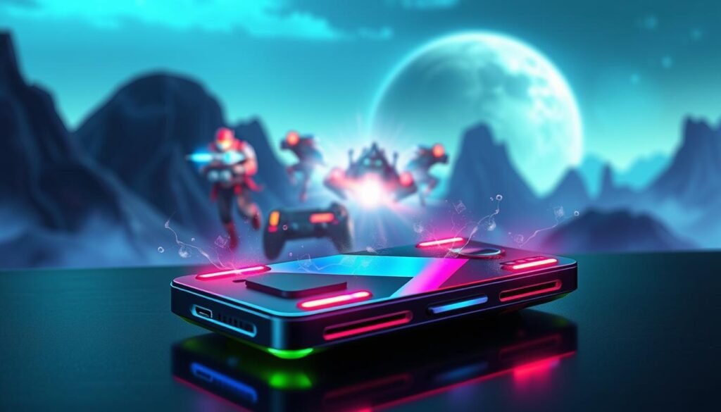 A sleek gaming smartphone prominently displayed in the foreground, glowing with vibrant RGB lights, showcasing its cooling vents and metallic finish. In the middle ground, a digital gaming environment with dynamic action scenes, emphasizing performance and efficiency, with mystical elements floating around the phone. The background features a subtle, tech-inspired landscape with circuit patterns and abstract graphics, bathed in a soft blue and green ambient light to create a futuristic atmosphere. Shimmering effects on the phone highlight its heat-resistant capabilities, providing a sense of advanced technology. The overall mood is energetic and high-tech, ideal for gamers seeking optimal performance.