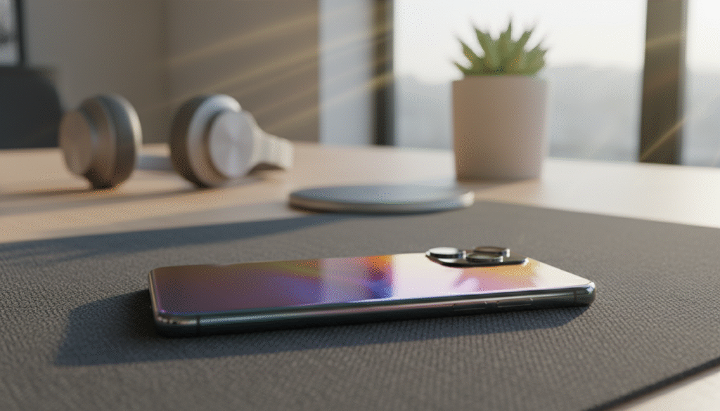 A sleek, high-end smartphone design showcased prominently in the foreground, featuring a polished glass back with an iridescent finish that reflects light beautifully. The phone is lying on a stylish, textured surface, emphasizing its premium build quality. In the middle ground, blurred tech accessories like headphones and a charging dock hint at modernity. The background displays a soft-focus, contemporary workspace with hints of greenery and natural light streaming in, creating a fresh, vibrant atmosphere. The lighting is warm, showcasing soft shadows that enhance the sleek, elegant lines of the phone. Capture the premium feel of the device, conveying a sense of durability and modern sophistication suitable for tech enthusiasts. A sleek, high-end smartphone design showcased prominently in the foreground, featuring a polished glass back with an iridescent finish that reflects light beautifully. The phone is lying on a stylish, textured surface, emphasizing its premium build quality. In the middle ground, blurred tech accessories like headphones and a charging dock hint at modernity. The background displays a soft-focus, contemporary workspace with hints of greenery and natural light streaming in, creating a fresh, vibrant atmosphere. The lighting is warm, showcasing soft shadows that enhance the sleek, elegant lines of the phone. Capture the premium feel of the device, conveying a sense of durability and modern sophistication suitable for tech enthusiasts.