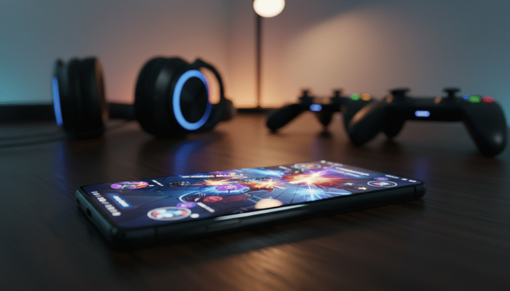 A sleek, high-tech smartphone screen showcasing a vibrant AMOLED display, featuring a visually striking gaming interface with fast action scenes from a popular mobile MOBA/FPS game. In the foreground, focus on the smartphone lying on a polished wooden desk, capturing the reflections of the screen's rich colors and deep blacks. The middle ground includes a subtle hint of a gaming headset and controllers, evoking a dynamic gaming atmosphere. The background is softly blurred to emphasize the smartphone, with ambient lighting casting a warm glow, suggesting an inviting gaming environment. The overall mood is energetic and modern, ideal for showcasing advanced gaming technology with an emphasis on smooth refresh rates.
