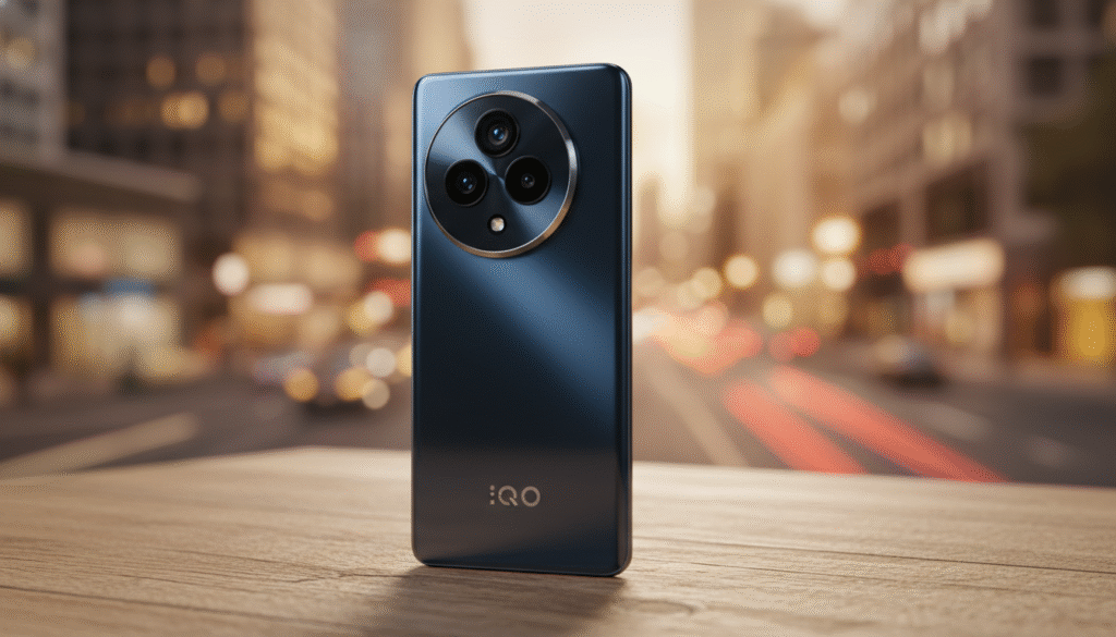 A sleek iQOO Neo 10 smartphone lying on a wooden table, with its rear camera prominently displayed, showcasing its multi-lens setup and modern design. In the foreground, the phone is slightly angled to reveal the lenses and detailing clearly, with soft reflections highlighting its glossy finish. In the middle background, a blurred, softly lit urban landscape conveys an informal yet vibrant atmosphere, suggesting a lifestyle context. Warm ambient lighting creates a welcoming mood, while focusing on the phone draws attention to its camera capabilities. The scene is composed with a slight top-down perspective, emphasizing the device's designer elements without distractions, ensuring a clean and professional appearance. A sleek iQOO Neo 10 smartphone lying on a wooden table, with its rear camera prominently displayed, showcasing its multi-lens setup and modern design. In the foreground, the phone is slightly angled to reveal the lenses and detailing clearly, with soft reflections highlighting its glossy finish. In the middle background, a blurred, softly lit urban landscape conveys an informal yet vibrant atmosphere, suggesting a lifestyle context. Warm ambient lighting creates a welcoming mood, while focusing on the phone draws attention to its camera capabilities. The scene is composed with a slight top-down perspective, emphasizing the device's designer elements without distractions, ensuring a clean and professional appearance.