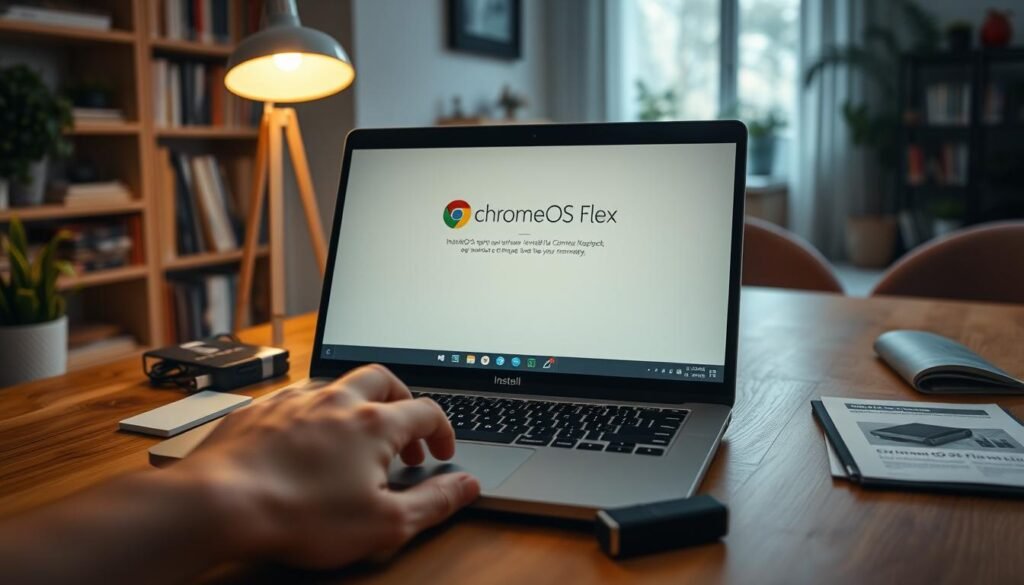 A sleek laptop on a wooden desk displaying the ChromeOS Flex installation screen, with a soft glow from a desk lamp creating a warm atmosphere. In the foreground, a hand reaches towards the laptop's touchpad, indicating user interaction. The middle ground shows organized installation materials, including a USB drive and printed installation guide, emphasizing the "install" theme. In the background, a blurred view of a cozy room, with bookshelves and plants, adds depth to the scene. The image is well-lit, with a focus on the laptop's screen, captured at a slight angle to create a dynamic perspective. The mood is focused and inspiring, showcasing the potential of Chromium OS on older hardware.