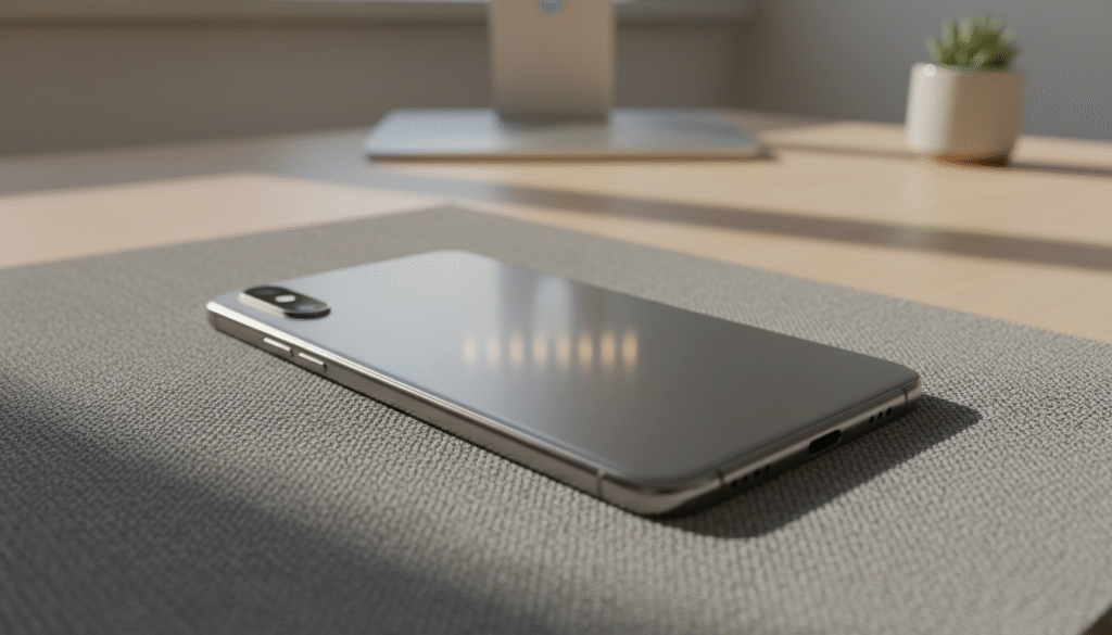 A sleek, matte glass back of a modern smartphone, illuminated under soft natural lighting that accentuates its smooth, reflective surface. The foreground showcases the phone lying on a plush fabric texture, with delicate shadows casting around it. In the middle ground, subtle reflections of ambient light create a sophisticated sheen, emphasizing the elegance of the device's design. The background features a blurred out, minimalistic desk setup, ensuring the focus remains on the phone. A slight angle captures the contours of the device, highlighting its slim profile and refined edges. The overall mood is modern and luxurious, evoking a sense of high-end technology and sophistication. A sleek, matte glass back of a modern smartphone, illuminated under soft natural lighting that accentuates its smooth, reflective surface. The foreground showcases the phone lying on a plush fabric texture, with delicate shadows casting around it. In the middle ground, subtle reflections of ambient light create a sophisticated sheen, emphasizing the elegance of the device's design. The background features a blurred out, minimalistic desk setup, ensuring the focus remains on the phone. A slight angle captures the contours of the device, highlighting its slim profile and refined edges. The overall mood is modern and luxurious, evoking a sense of high-end technology and sophistication.