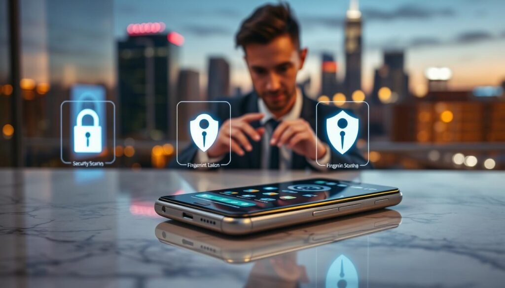 A sleek modern Android device displayed on a polished marble surface, showcasing vibrant security features like fingerprint scanning and facial recognition. In the foreground, an analytical professional, dressed in a smart business outfit, interacts with the device, demonstrating a focused expression. The middle ground highlights digital overlays of security icons—like a padlock and shield—glowing softly, representing enhanced security measures. In the background, a blurred cityscape at dusk, with soft neon lights creating a futuristic vibe. The lighting is warm and inviting, emphasizing the contrast between the device and the surroundings, while a subtle lens flare adds a touch of sophistication. The overall atmosphere is one of high-tech security and modernity, inviting viewers to feel safe and intrigued.