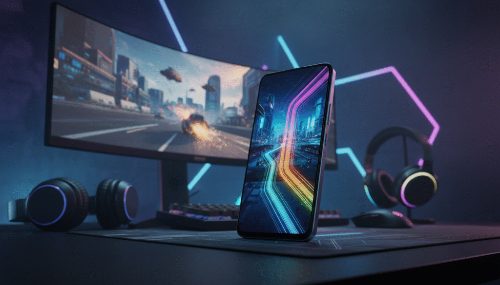 A sleek, modern Infinix gaming smartphone showcased prominently in the foreground, highlighting its vibrant display with intense graphics and customizable RGB lighting effects. The phone is angled to emphasize its slim design and premium finish, resting on a stylish gaming desk. In the middle ground, a gaming setup featuring a high-resolution monitor and gaming peripherals surrounds the phone, enhancing the gaming atmosphere. The background features dimmed ambient lighting with neon accents, creating an immersive vibe typical of gaming environments. The scene should radiate energy and modernity, capturing the essence of the latest in gaming technology, viewed from a low angle to create depth. Soft focus on the peripherals enhances the smartphone as the focal point.