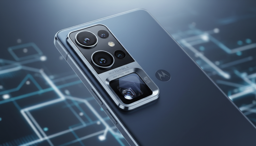 A sleek, modern Motorola Edge 70 Ultra smartphone prominently displaying its advanced periscope telephoto camera on the back. The camera lens is highlighted with intricate details, showcasing its 50MP configuration, set against a clean, minimalistic background that emphasizes the device's elegance. Soft, diffused lighting enhances the curves and textures of the smartphone, creating a professional atmosphere. The angle should be slightly tilted to capture the depth of the periscope lens, while the background maintains a tech-inspired vibe, hinting at innovation. The overall mood should be sophisticated, reflecting high-performance technology in a visually appealing manner.