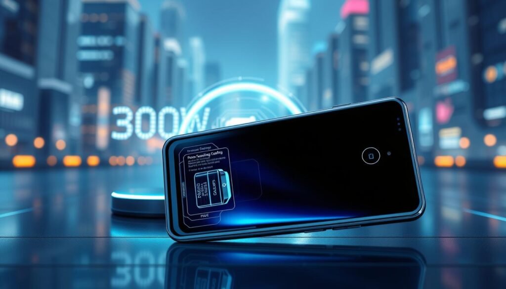 A sleek, modern Realme GT 7 Pro smartphone positioned prominently in the foreground, showcasing its cutting-edge design with a reflective glass back and vibrant display. The phone is angled slightly to reveal its dual-cell battery technology through transparent casing, highlighting the advanced graphene cooling system visible inside, emphasizing innovation in smartphone technology. In the middle ground, a subtle representation of a dynamic charging environment with energy flow graphics, suggesting the 300W charging capability, surrounded by a soft, glowing light. The background features a high-tech ambiance with a blurred cityscape, conveying an atmosphere of modernity and technological advancement. Use bright, cool lighting to enhance the sleekness and sophistication of the device, captured from a low angle to emphasize its stature and appeal.