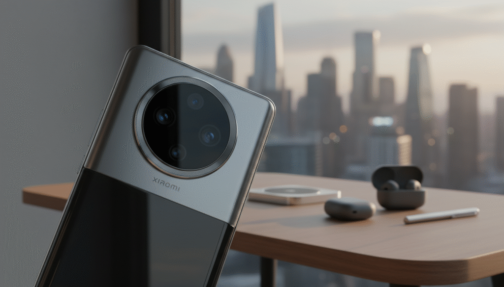 A sleek, modern Xiaomi 17 Ultra smartphone prominently displayed in the foreground, showcasing its exquisite design and high-end features. The phone's 1-inch camera lens gleams under soft, natural lighting, highlighting the elegant details of its sleek body. In the middle ground, a softly blurred lifestyle setting with a stylish desk and tech accessories enhances the premium feel of the scene. The background features a subtle, out-of-focus city skyline through a window, suggesting a contemporary urban environment. The overall atmosphere is sophisticated and tech-savvy, evoking a sense of innovation and cutting-edge technology, perfect for illustrating an investment in the latest smartphone.