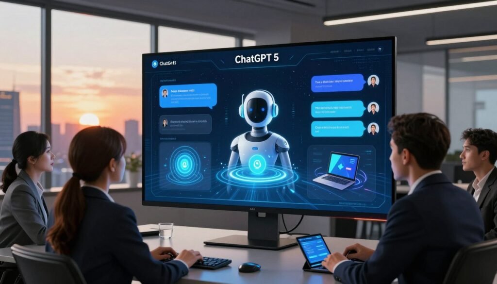 A sleek, modern chatbot interface displayed on a large digital screen in a high-tech office environment. In the foreground, a diverse group of professionals—two men and one woman—in business attire, are engaging with the chatbot display, their expressions focused and intrigued. The middle ground features the chatbot's vibrant visual elements, showcasing its advanced features such as voice recognition, interactive responses, and seamless integration with devices, depicted through flowing data streams and glowing icons. In the background, a panoramic window overlooks a futuristic city skyline at sunset, casting warm light across the scene. The overall mood is one of innovation and excitement, highlighting the groundbreaking capabilities of ChatGPT 5. The lighting is soft yet dynamic, emphasizing the cutting-edge technology.