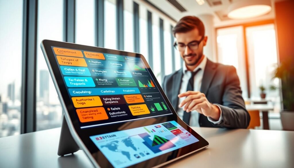 A sleek, modern device showcasing real-time translation capabilities in an office environment. In the foreground, a stylish tablet displays vibrant AR overlay featuring multiple languages, highlighted text, and dynamic visual graphs. The mid-ground shows a professional individual, dressed in business attire, interacting with the device, showing a look of concentration and interest. The background features a contemporary office setting with large windows, natural light streaming in, and a futuristic cityscape visible outside. The overall lighting is bright and welcoming, creating an atmosphere of innovation and efficiency, emphasizing effective communication across cultures. The angle is slightly elevated, focusing on the device and the user's engagement with the technology. A sleek, modern device showcasing real-time translation capabilities in an office environment. In the foreground, a stylish tablet displays vibrant AR overlay featuring multiple languages, highlighted text, and dynamic visual graphs. The mid-ground shows a professional individual, dressed in business attire, interacting with the device, showing a look of concentration and interest. The background features a contemporary office setting with large windows, natural light streaming in, and a futuristic cityscape visible outside. The overall lighting is bright and welcoming, creating an atmosphere of innovation and efficiency, emphasizing effective communication across cultures. The angle is slightly elevated, focusing on the device and the user's engagement with the technology.