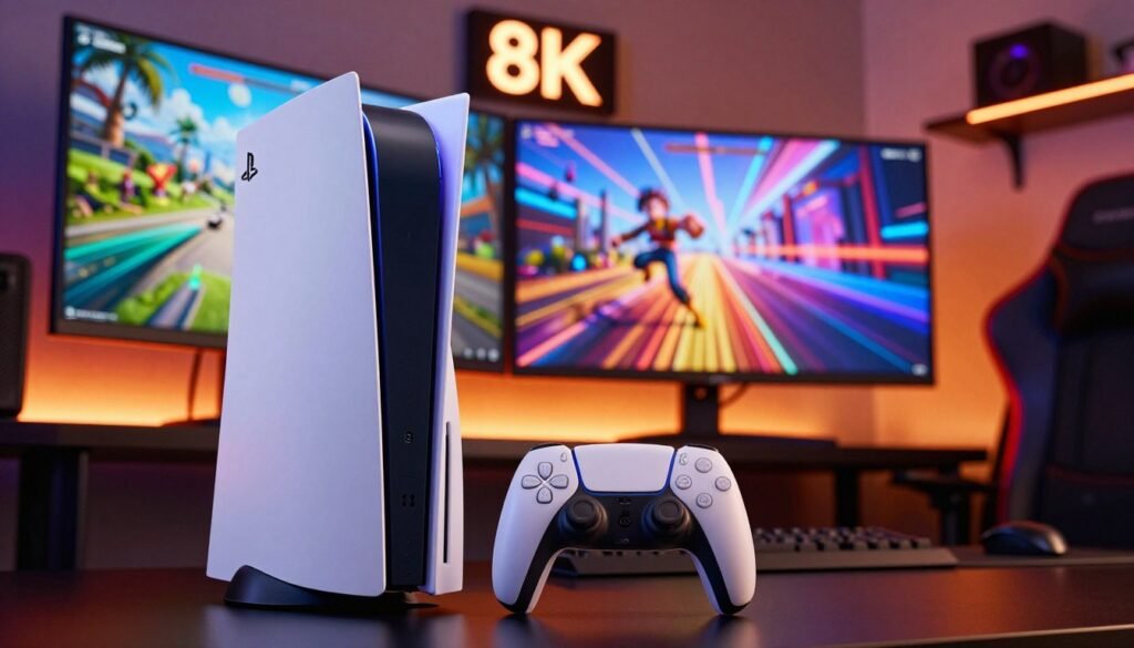 A sleek, modern gaming console design inspired by the PlayStation 5 Pro, prominently displayed in the foreground, showcasing its elegant curves and futuristic ports. In the middle ground, a high-end gaming setup featuring a large 8K display and an immersive ray tracing graphics demo, rendered in vibrant colors to highlight the visual performance capabilities. The background is a stylish gaming room with ambient LED lighting casting a warm glow, creating a dynamic and enthusiastic atmosphere. The scene is captured from a low angle, emphasizing the console's stature and sophisticated design. The overall mood is energetic and tech-forward, ideal for illustrating advanced gaming specifications and performance.