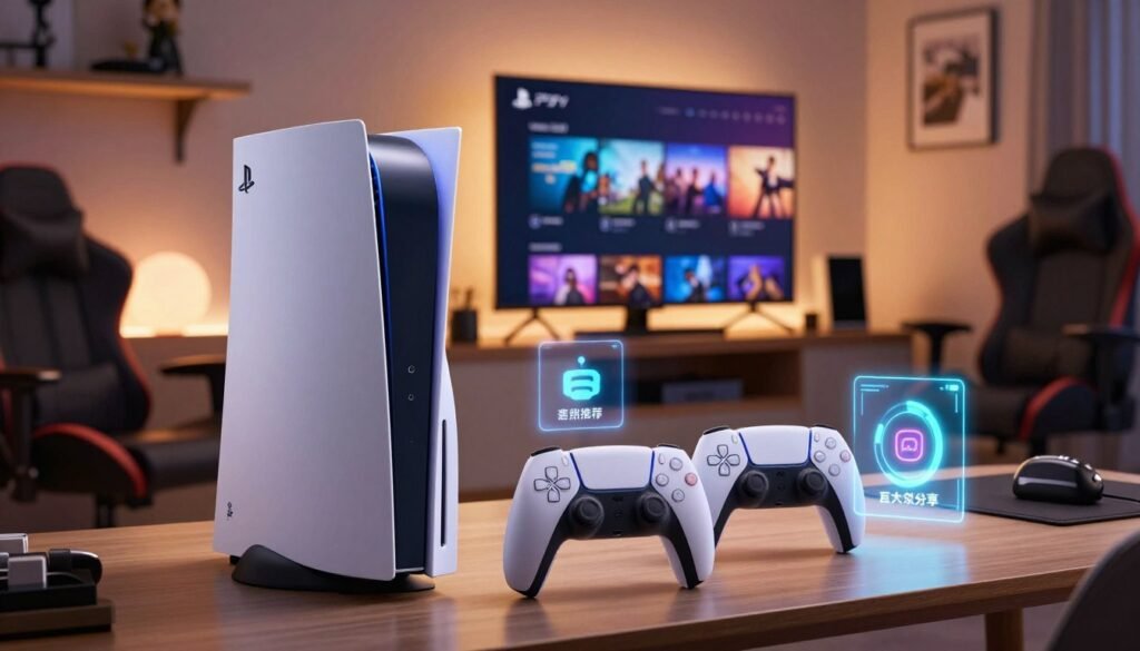 A sleek, modern gaming console setup featuring a PlayStation 5 in the foreground, illuminated by soft ambient lighting that highlights its unique design. Surrounding the console are glowing icons representing hidden features: adaptive triggers, game recommendations, and social sharing options, each depicted as vibrant, digital holograms. In the middle ground, a crisp, thin-screen TV displays a user-friendly interface showcasing the updated features of version 10.00, bathed in a warm, inviting glow. In the background, a cozy gaming room filled with stylish furniture and game memorabilia adds to the atmosphere, creating a feeling of focus and excitement. The camera angle is slightly elevated, offering a dynamic perspective on the console and its environment, enhancing the sense of immersion and innovation.