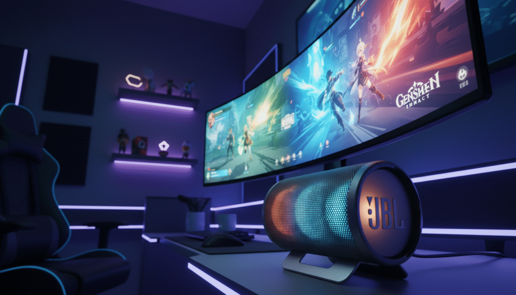 A sleek, modern gaming environment showcasing a curved AMOLED display with vibrant colors and a refresh rate of 120Hz, emphasizing the smooth graphics of popular games like PUBG Mobile and Genshin Impact. In the foreground, a high-quality JBL audio speaker is artfully positioned, symbolizing immersive sound quality. The middle layer includes a subtle reflection of dynamic gameplay on the curved screen, with light glimmering off the display, enhancing the immersive experience. In the background, a dimly lit gaming room adds to the mood, with atmospheric LED lights creating a futuristic vibe. The camera angle is slightly tilted upwards, capturing both the screen and speaker, adding depth. Overall, the image evokes excitement and high energy, reflecting the ultimate gaming setup.