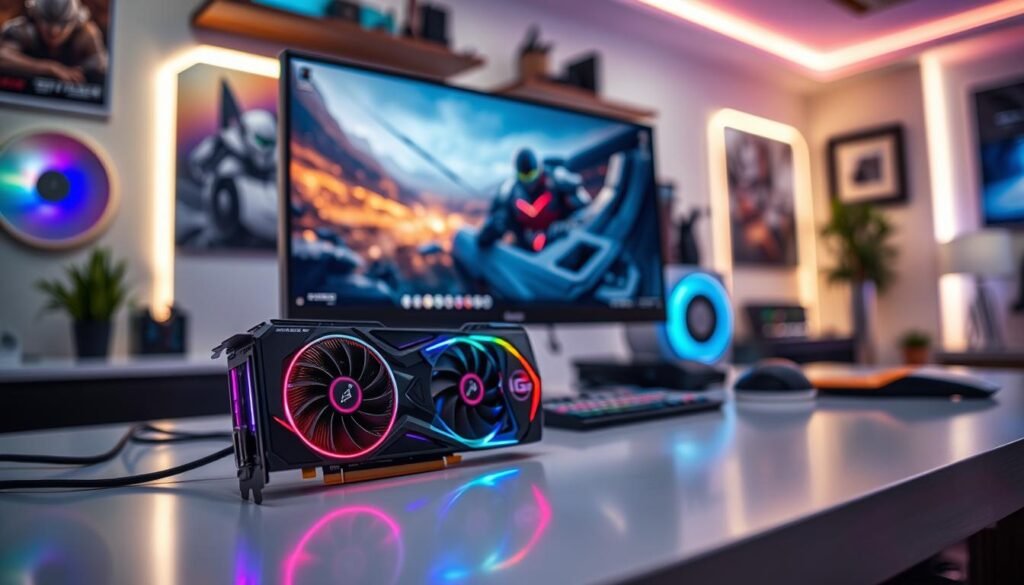 A sleek, modern gaming setup showcasing various technology graphics cards prominently displayed on a polished desk. In the foreground, highlight a powerful graphics card with an illuminated design, exhibiting vibrant RGB lighting. The middle layer features a high-definition monitor displaying a stunning scene from a video game, emphasizing intricate details and contrasting colors. In the background, a blurred view of a gaming room with ambient lighting and stylish decor creating a tech-savvy atmosphere. Soft lighting enhances the mood, creating a sense of excitement and innovation. The composition should reflect a balance of aesthetics and technical prowess, appealing to gamers and tech enthusiasts alike, captured from a slightly angled perspective to add depth.