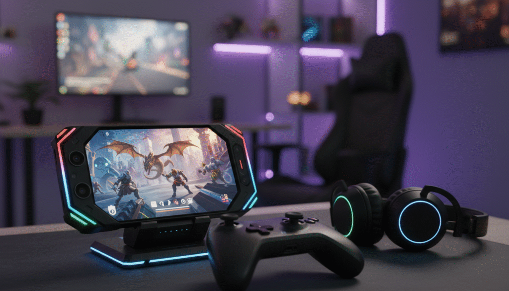 A sleek, modern gaming smartphone displayed prominently in the foreground, highlighting its vibrant screen showcasing an immersive mobile game scene. The device features a robust design with customizable RGB lighting around the edges, emphasizing its gaming capabilities. In the middle ground, a stylish gaming setup is visible, including a controller and wireless headphones, suggesting a complete gaming experience. The background is subtly blurred, depicting a cozy, well-lit gaming room with ambient lighting, creating an inviting atmosphere. The overall mood is energetic and focused, suitable for a gamer’s environment. The image is captured using a shallow depth of field with soft lighting to enhance the sleekness of the smartphone, showcasing its modern aesthetics. A sleek, modern gaming smartphone displayed prominently in the foreground, highlighting its vibrant screen showcasing an immersive mobile game scene. The device features a robust design with customizable RGB lighting around the edges, emphasizing its gaming capabilities. In the middle ground, a stylish gaming setup is visible, including a controller and wireless headphones, suggesting a complete gaming experience. The background is subtly blurred, depicting a cozy, well-lit gaming room with ambient lighting, creating an inviting atmosphere. The overall mood is energetic and focused, suitable for a gamer’s environment. The image is captured using a shallow depth of field with soft lighting to enhance the sleekness of the smartphone, showcasing its modern aesthetics.