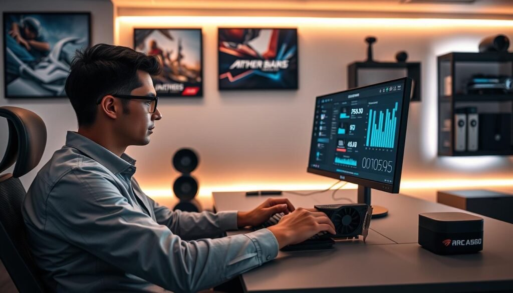 A sleek modern office environment with a focused user seated at a stylish desk, computer monitor displaying gaming graphics benchmarks, and a powerful graphics card (Arc A580) showcased prominently on the desk. The user, wearing professional casual attire, is intently reviewing performance metrics on the screen, illuminated by soft, warm lighting. In the background, a wall-mounted display features eye-catching gaming artwork and a shelf filled with gaming accessories. The atmosphere is one of concentration and excitement, with a slight glow from the monitor casting light on the user's focused expression. The scene captures the essence of user reviews and experiences, emphasizing the impact of hardware upgrades on gaming performance. No text or watermarks present.