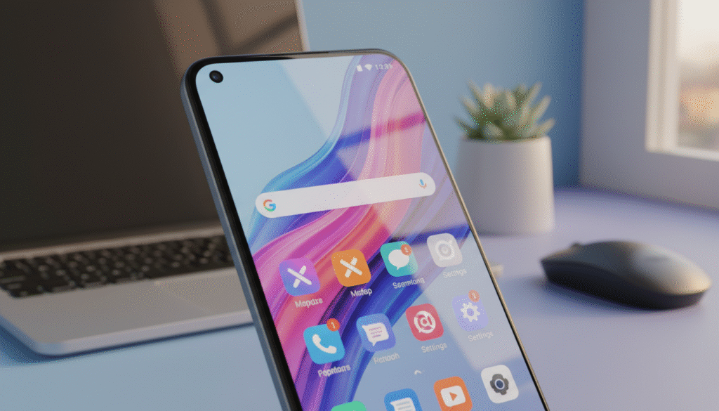 A sleek, modern smartphone display showcasing vibrant colors and sharp details, set against a subtle gradient background that highlights the phone's design. The foreground features a close-up of the Infinix HOT 60 PRO's screen, displaying an engaging home screen with dynamic app icons. In the middle ground, place the phone at a slight tilt to create depth, capturing reflections of soft ambient lighting that accentuate the smartphone's glossy finish. The background features a blurred workspace with hints of technology, like a laptop and a plant, contributing to a professional yet relaxed atmosphere. Use natural lighting for a warm feel, with a focus on elements that evoke a sense of daily usability and productivity. A sleek, modern smartphone display showcasing vibrant colors and sharp details, set against a subtle gradient background that highlights the phone's design. The foreground features a close-up of the Infinix HOT 60 PRO's screen, displaying an engaging home screen with dynamic app icons. In the middle ground, place the phone at a slight tilt to create depth, capturing reflections of soft ambient lighting that accentuate the smartphone's glossy finish. The background features a blurred workspace with hints of technology, like a laptop and a plant, contributing to a professional yet relaxed atmosphere. Use natural lighting for a warm feel, with a focus on elements that evoke a sense of daily usability and productivity.