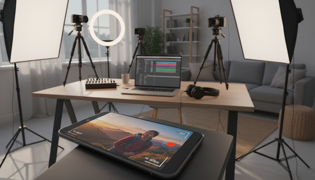 A sleek, modern smartphone displayed prominently in the foreground, showcasing its video recording features. The device is set against a creative workspace filled with photography equipment, tripods, and soft lighting sources. In the middle ground, there’s a well-organized desk with a laptop open to video editing software, emphasizing a professional creator's environment. Soft, natural light filters through a window, creating a warm and inviting atmosphere. In the background, a cozy and stylish living space suggests a blend of daily life and serious content creation. Capture the scene with a slightly elevated angle, highlighting the smartphone’s screen displaying a vibrant video frame, evoking a mood of creativity and inspiration suitable for both casual and serious videography.