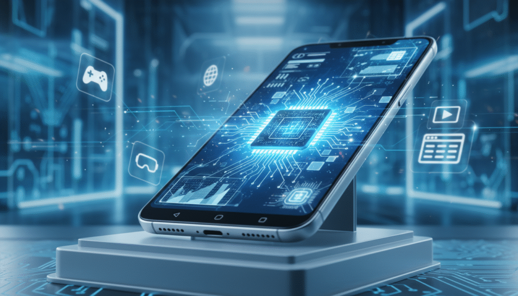 A sleek, modern smartphone featuring a cutting-edge chipset, prominently displayed in the foreground. The phone's screen showcases a dynamic user interface, hinting at advanced performance capabilities. In the middle ground, blurred images of gaming and productivity apps suggest high-speed processing. The background features a vibrant tech environment, with subtle hints of futuristic design elements and glowing circuit patterns, enhancing the theme of advanced technology. The scene is lit with a blend of cool blue and white accents, creating a high-tech ambiance. The mood is energetic and bright, highlighting a significant leap in performance and efficiency. The phone should not be cluttered with unnecessary objects, keeping the focus sharp on its sophisticated features. A sleek, modern smartphone featuring a cutting-edge chipset, prominently displayed in the foreground. The phone's screen showcases a dynamic user interface, hinting at advanced performance capabilities. In the middle ground, blurred images of gaming and productivity apps suggest high-speed processing. The background features a vibrant tech environment, with subtle hints of futuristic design elements and glowing circuit patterns, enhancing the theme of advanced technology. The scene is lit with a blend of cool blue and white accents, creating a high-tech ambiance. The mood is energetic and bright, highlighting a significant leap in performance and efficiency. The phone should not be cluttered with unnecessary objects, keeping the focus sharp on its sophisticated features.