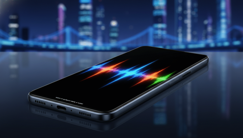 A sleek, modern smartphone featuring a vibrant AMOLED display is positioned prominently in the foreground, showcasing its 6.83-inch screen illuminated with vivid colors against a minimalistic, dark background. The screen reflects the brightness of 3200 nits, highlighting sharp details and deep contrasts. The smartphone is viewed at a slight angle to emphasize its sleek design and cutting-edge technology, capturing the essence of high performance. Soft, dramatic lighting enhances the contours of the device while maintaining a clean aesthetic. In the background, blurred silhouettes of urban landscapes suggest advanced technology and innovation, creating a mood of sophistication and excitement. The overall atmosphere conveys a high-tech allure, perfect for illustrating the superiority of the POCO F7's display and audio features.