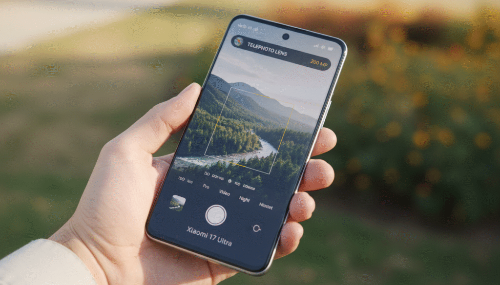 A sleek, modern smartphone featuring the Xiaomi 17 Ultra's camera interface, highlighting its advanced features like the telephoto lens and 200 MP capabilities. In the foreground, showcase the smartphone held at a slight angle, revealing the camera app interface with crisp, clear icons and options for settings. In the middle ground, a blurred background displays a vibrant, focused landscape shot, emphasizing the telephoto capabilities. Soft, natural lighting enhances the scene, casting gentle reflections on the phone’s surface. The overall mood is innovative and tech-savvy, conveying a sense of excitement for photography enthusiasts. The angle is slightly top-down to highlight the smartphone’s screen and camera features effectively. A sleek, modern smartphone featuring the Xiaomi 17 Ultra's camera interface, highlighting its advanced features like the telephoto lens and 200 MP capabilities. In the foreground, showcase the smartphone held at a slight angle, revealing the camera app interface with crisp, clear icons and options for settings. In the middle ground, a blurred background displays a vibrant, focused landscape shot, emphasizing the telephoto capabilities. Soft, natural lighting enhances the scene, casting gentle reflections on the phone’s surface. The overall mood is innovative and tech-savvy, conveying a sense of excitement for photography enthusiasts. The angle is slightly top-down to highlight the smartphone’s screen and camera features effectively.