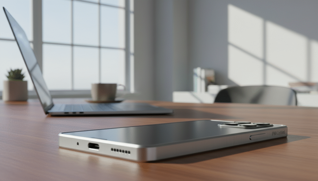 A sleek, modern smartphone prominently displayed in the foreground, showcasing its refined aluminum CNC frame with precise detailing and smooth finishes. The body appears solid and robust, reflecting quality craftsmanship, with subtle reflections capturing the ambient light. In the middle ground, a stylish and minimalist workspace enhances the device’s premium feel, featuring a soft, blurred laptop and a wooden desk. The background includes a calming office setting with soft lighting filtering through a large window, casting gentle shadows. The scene evokes an atmosphere of innovation and sophistication, ideal for a tech-savvy audience. The smartphone's design elements are the focal point, with no distractions, emphasizing its build quality and IP68 certification in an elegant manner.