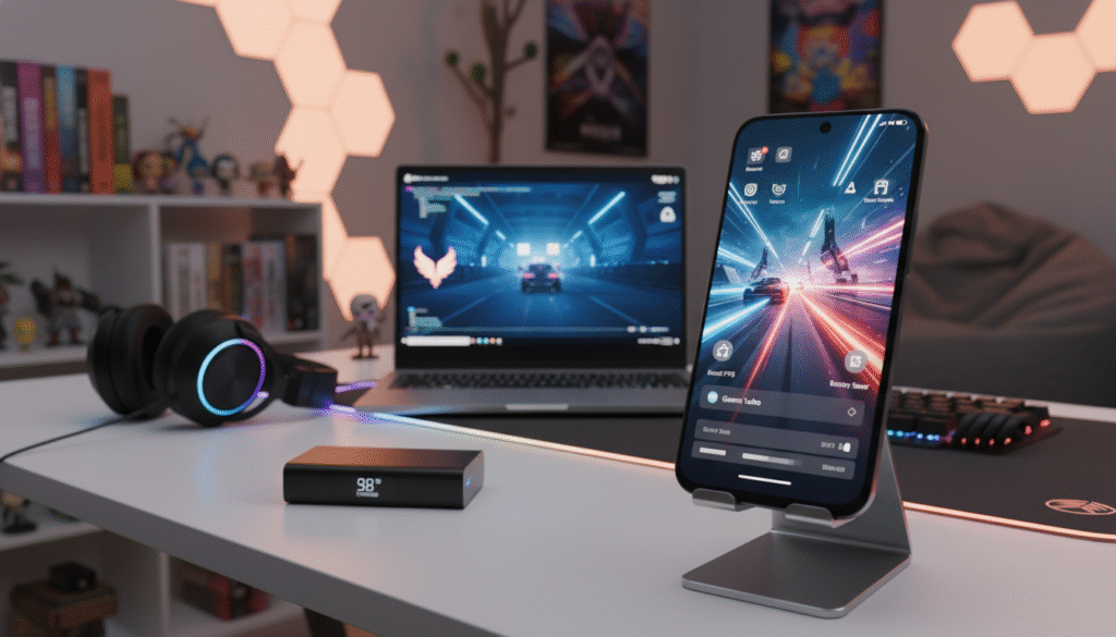 A sleek, modern smartphone sits prominently in the foreground, displaying vibrant gaming graphics, showcasing various optimization apps. The phone is surrounded by gaming paraphernalia, including a high-tech gaming headset and a portable charger. In the middle ground, an illuminated gaming setup features colorful LED lights and a compact, stylish gaming laptop reflecting a futuristic design. The background is softly blurred to convey a cozy yet technologically advanced gaming environment, illuminated by ambient lighting that suggests late-night gaming sessions. The mood is dynamic and engaging, evoking a passion for gaming in 2025, infused with elements of efficiency and performance. The scene captures the essence of a gamer's workspace, highlighting the importance of optimization tools for an enhanced gaming experience.