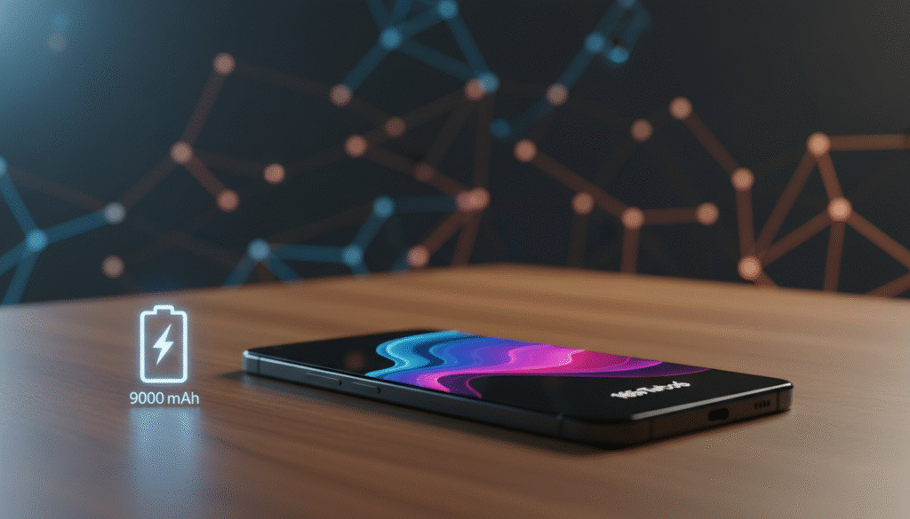 A sleek, modern smartphone, the OnePlus Turbo 6, prominently displayed in the foreground on a stylish wooden surface. The device features a striking design with a large 9,000 mAh battery symbolically represented by a glowing battery icon beside it, and a vibrant 165Hz display showing dynamic visuals. Soft, ambient lighting enhances the elegant contours of the phone, casting gentle shadows. In the background, a blurred tech-oriented environment with abstract shapes and colors that suggest availability and tech connectivity. The mood is professional yet inviting, aimed to capture the interest of technology enthusiasts. The angle is slightly elevated, creating a sense of depth and making the smartphone the focal point without any texts or overlays.