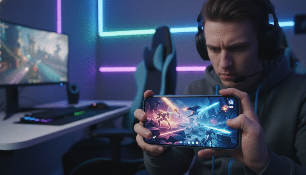 A sleek, modern smartphone with an AMOLED display in the foreground, showcasing vibrant colors and deep contrasts typical of gaming visuals. The phone is held in the hands of a focused gamer, dressed in casual but professional attire, with intense concentration on their face. In the middle ground, a softly blurred gaming environment filled with futuristic furniture and gear adds context and depth. The background features dynamic LED lighting that enhances the gaming atmosphere, casting a subtle glow on the scene. The overall mood is immersive and competitive, evoking a sense of excitement and engagement with the latest technology for gaming enthusiasts. The angle of the shot captures the phone screen prominently while ensuring the background elements seamlessly support the theme.