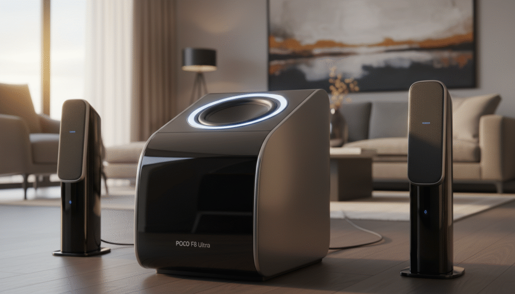 A sleek, modern subwoofer labeled "POCO F8 Ultra," designed with high-quality materials, sits prominently in the foreground. Its smooth, curved edges and a glossy black finish reflect ambient lighting, showcasing its premium design. In the middle ground, two satellite speakers, also part of the 2.1 audio system, are positioned, highlighting their stylish appearance and advanced technology. The background features a softly blurred living space, illuminated by warm, inviting light, creating a cozy atmosphere. The scene conveys an inviting mood, perfect for enjoying immersive audio experiences, with a focus on the subwoofer's robust and powerful presence. The image should be captured from a slightly low angle to emphasize the subwoofer's size and importance in the audio setup, ensuring clarity and detail in the subject. A sleek, modern subwoofer labeled "POCO F8 Ultra," designed with high-quality materials, sits prominently in the foreground. Its smooth, curved edges and a glossy black finish reflect ambient lighting, showcasing its premium design. In the middle ground, two satellite speakers, also part of the 2.1 audio system, are positioned, highlighting their stylish appearance and advanced technology. The background features a softly blurred living space, illuminated by warm, inviting light, creating a cozy atmosphere. The scene conveys an inviting mood, perfect for enjoying immersive audio experiences, with a focus on the subwoofer's robust and powerful presence. The image should be captured from a slightly low angle to emphasize the subwoofer's size and importance in the audio setup, ensuring clarity and detail in the subject.
