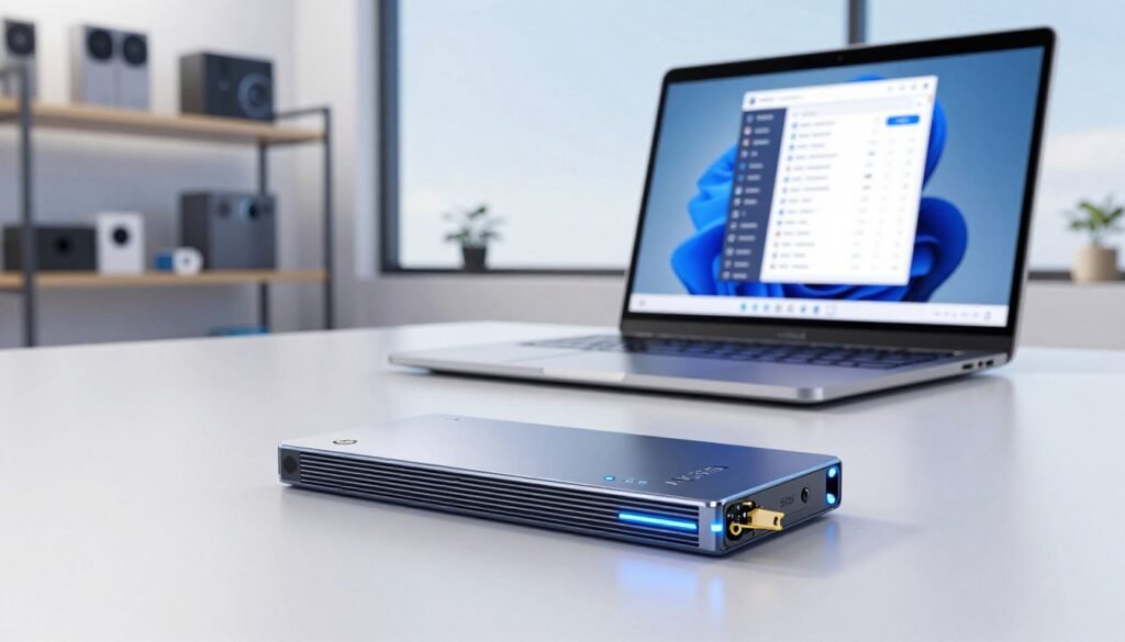 A sleek, modern workspace featuring a close-up of a high-capacity 8TB M.2 NVMe portable SSD placed prominently in the foreground. The SSD should be designed with a futuristic appearance, showcasing its metal casing and cooling fins, illuminated by soft blue LED lights to convey advanced technology. In the middle ground, include a laptop with multiple open applications to emphasize the SSD's speed and efficiency, with data transfer graphics visually represented. The background should show a tidy office environment with blurred shelves filled with tech gadgets, creating a professional atmosphere. The scene is brightly lit with natural light streaming from a nearby window, adding a sense of clarity and innovation. The overall mood is optimistic and forward-thinking, highlighting the benefits of upgrading to a portable SSD. A sleek, modern workspace featuring a close-up of a high-capacity 8TB M.2 NVMe portable SSD placed prominently in the foreground. The SSD should be designed with a futuristic appearance, showcasing its metal casing and cooling fins, illuminated by soft blue LED lights to convey advanced technology. In the middle ground, include a laptop with multiple open applications to emphasize the SSD's speed and efficiency, with data transfer graphics visually represented. The background should show a tidy office environment with blurred shelves filled with tech gadgets, creating a professional atmosphere. The scene is brightly lit with natural light streaming from a nearby window, adding a sense of clarity and innovation. The overall mood is optimistic and forward-thinking, highlighting the benefits of upgrading to a portable SSD.