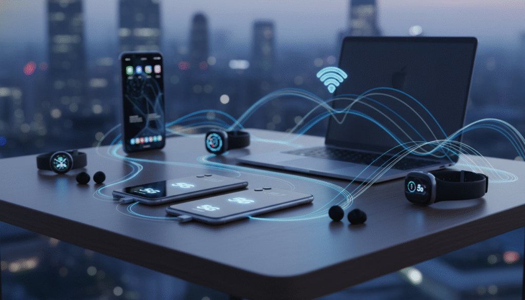 A sleek modern workspace featuring a vibrant arrangement of various connected devices emphasizing "device connectivity." In the foreground, an iPhone and a Xiaomi smartphone with visible USB-C ports and glowing 5G symbols. Surrounding them are wireless earbuds, smartwatches, and a laptop, all interconnected through lines representing Wi-Fi signals. In the middle, a realistic table with a subtle wood texture, reflecting soft ambient lighting that creates a techy yet inviting atmosphere. In the background, a blurred view of a city skyline under twilight, symbolizing advanced technology and connectivity. Palettes of blue and silver create a modern, cool vibe, showcasing the cutting-edge nature of both devices without any text or logos. A sleek modern workspace featuring a vibrant arrangement of various connected devices emphasizing "device connectivity." In the foreground, an iPhone and a Xiaomi smartphone with visible USB-C ports and glowing 5G symbols. Surrounding them are wireless earbuds, smartwatches, and a laptop, all interconnected through lines representing Wi-Fi signals. In the middle, a realistic table with a subtle wood texture, reflecting soft ambient lighting that creates a techy yet inviting atmosphere. In the background, a blurred view of a city skyline under twilight, symbolizing advanced technology and connectivity. Palettes of blue and silver create a modern, cool vibe, showcasing the cutting-edge nature of both devices without any text or logos.