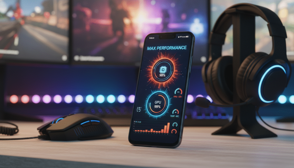 A sleek smartphone displaying a vibrant "Max Performance" settings interface, showcasing graphics and performance indicators. In the foreground, the phone rests on a modern wooden desk with gaming accessories, like a gaming mouse and headphones, subtly arranged. In the middle background, blurred images of a lively gaming environment with colorful LED lights softly glowing, evoking energy and excitement. The lighting is warm and focused on the phone, emphasizing the technology within. The atmosphere is dynamic and inspiring, perfect for gamers and tech enthusiasts seeking to optimize their devices. The angle captures the phone from a slightly elevated perspective, highlighting its screen, while the overall composition maintains a clean and professional aesthetic. A sleek smartphone displaying a vibrant "Max Performance" settings interface, showcasing graphics and performance indicators. In the foreground, the phone rests on a modern wooden desk with gaming accessories, like a gaming mouse and headphones, subtly arranged. In the middle background, blurred images of a lively gaming environment with colorful LED lights softly glowing, evoking energy and excitement. The lighting is warm and focused on the phone, emphasizing the technology within. The atmosphere is dynamic and inspiring, perfect for gamers and tech enthusiasts seeking to optimize their devices. The angle captures the phone from a slightly elevated perspective, highlighting its screen, while the overall composition maintains a clean and professional aesthetic.