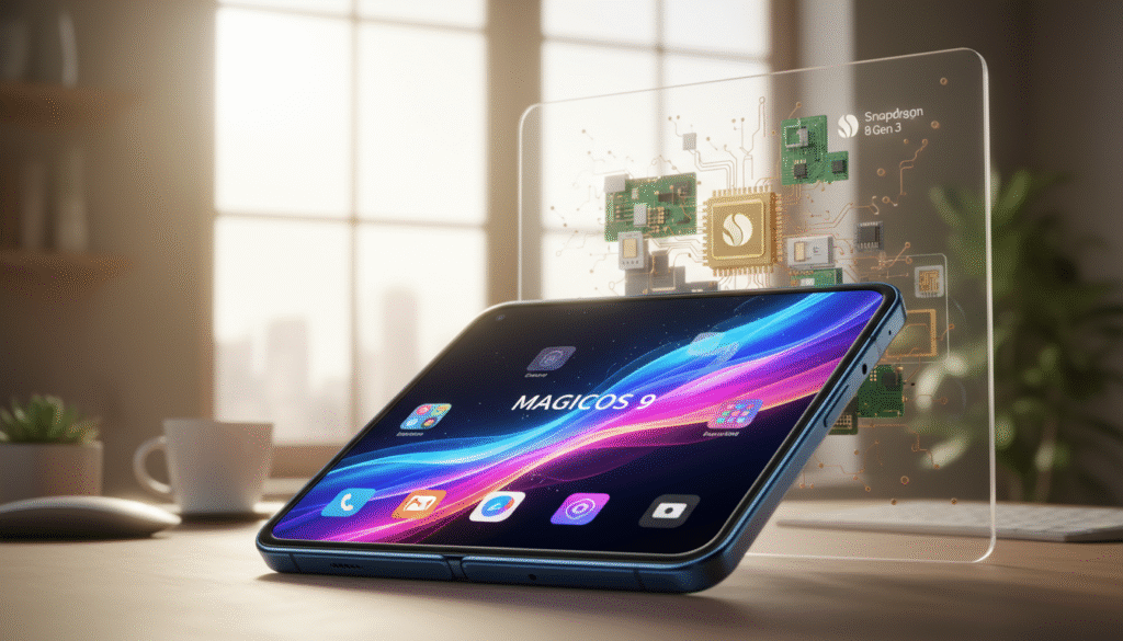 A sleek smartphone featuring the Snapdragon 8 Gen 3 processor, positioned prominently in the foreground, showcasing its elegant design and vibrant display. The phone is opened to reveal its stunning MagicOS 9 interface, with smooth animations and vivid colors. In the middle ground, include hints of the smartphone's hardware components, like microchips and circuit boards, subtly blurred to emphasize innovation. The background features a soft-focus modern tech workspace with a warm, inviting atmosphere, illuminated by natural light streaming in through a window. The overall mood is dynamic yet professional, suggesting advanced technology and cutting-edge performance. The image captures a sense of anticipation and sophistication surrounding the latest Honor Flip phone.