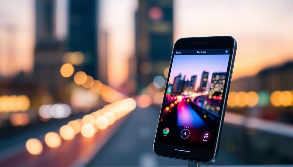 A sleek smartphone prominently displayed in the foreground, showcasing an application with an elegant bokeh effect in the background. The app interface should be vibrant, demonstrating high-quality visuals such as smooth transitions and sharp focus. The middle ground features an abstract representation of digital elements, like pixels and light bursts, creating a sense of innovative technology. The background should have a soft gradient, suggesting a blurred cityscape at dusk, with warm ambient lighting to evoke a sense of modernity and professionalism. The overall mood is sophisticated and inviting, emphasizing the quality and features of a top-tier bokeh application.
